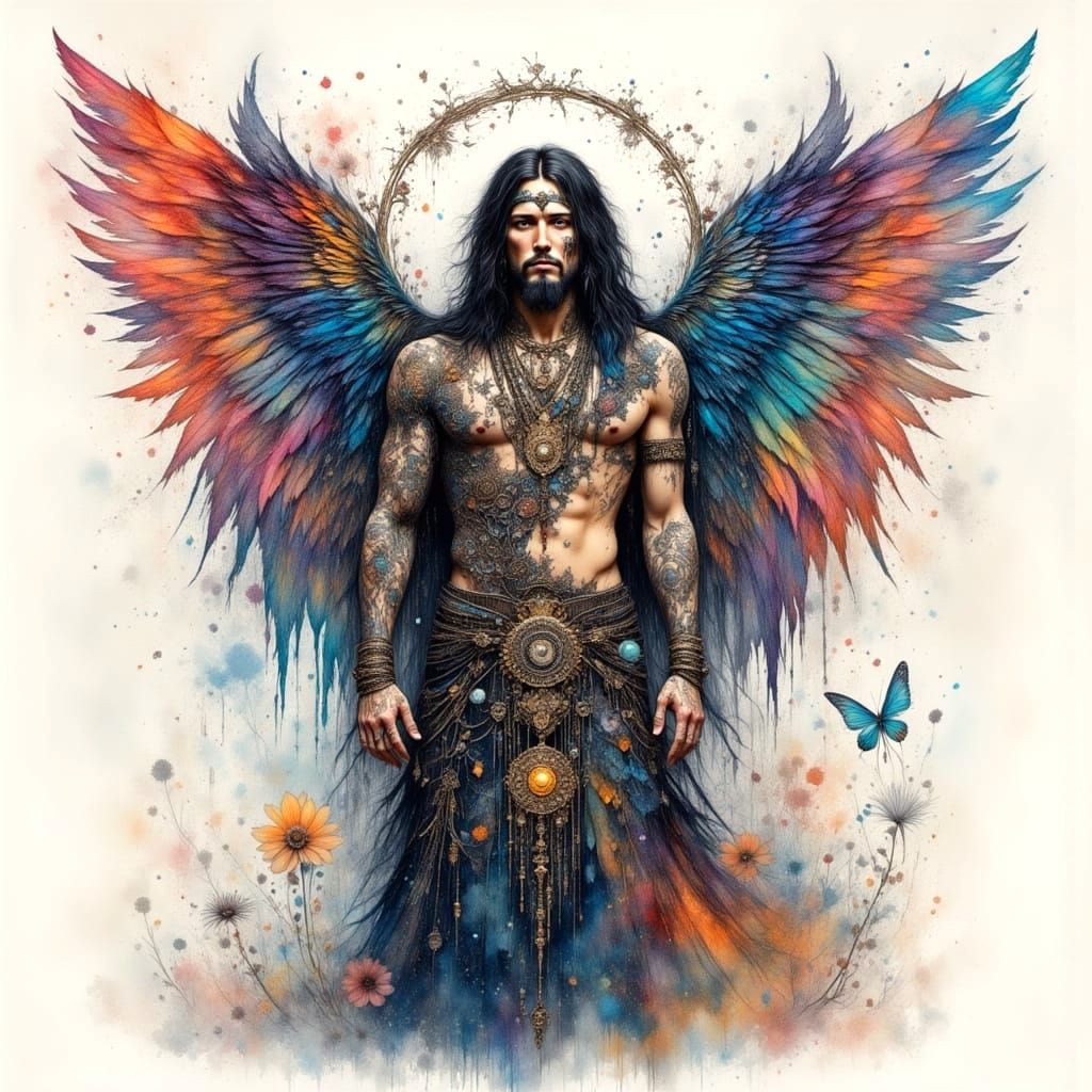 Feathered Shaman in Dark Rainbow Watercolor