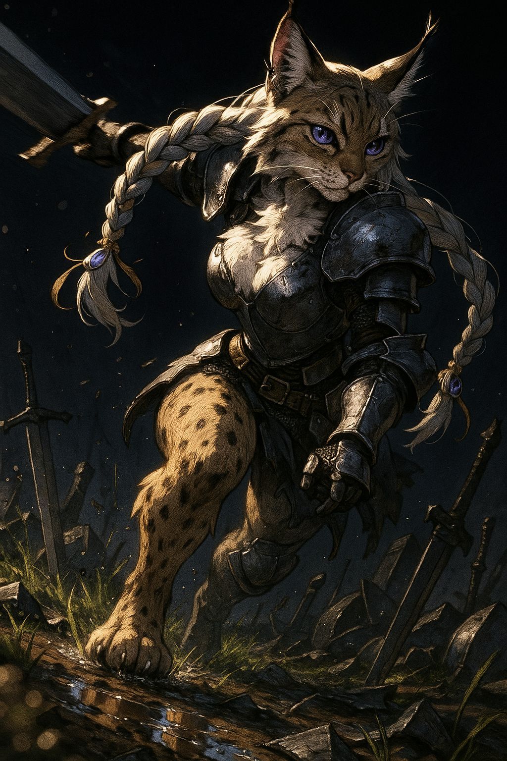 Anime Lynx Warrior Mid-Battle with Greatsword