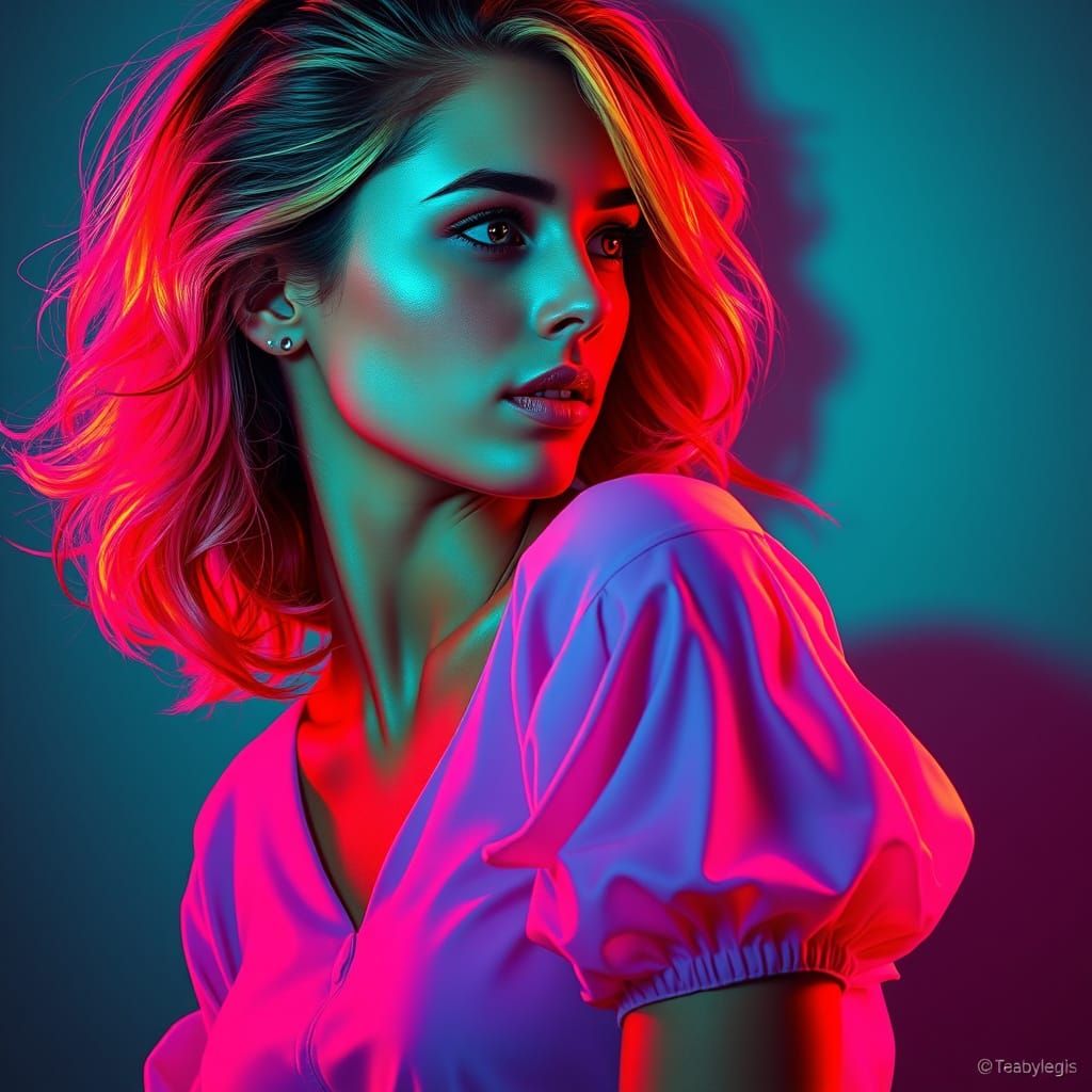 Hyper-Realistic Neon Portrait of a Redhead Woman in a Low-Cu...