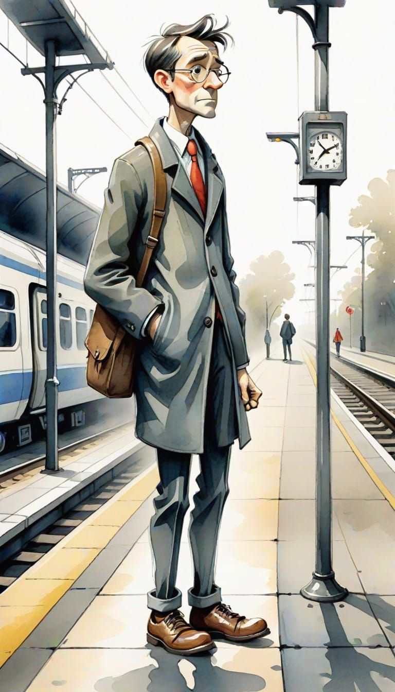 Impatient Cartoon Character Stands on Empty Train Platform