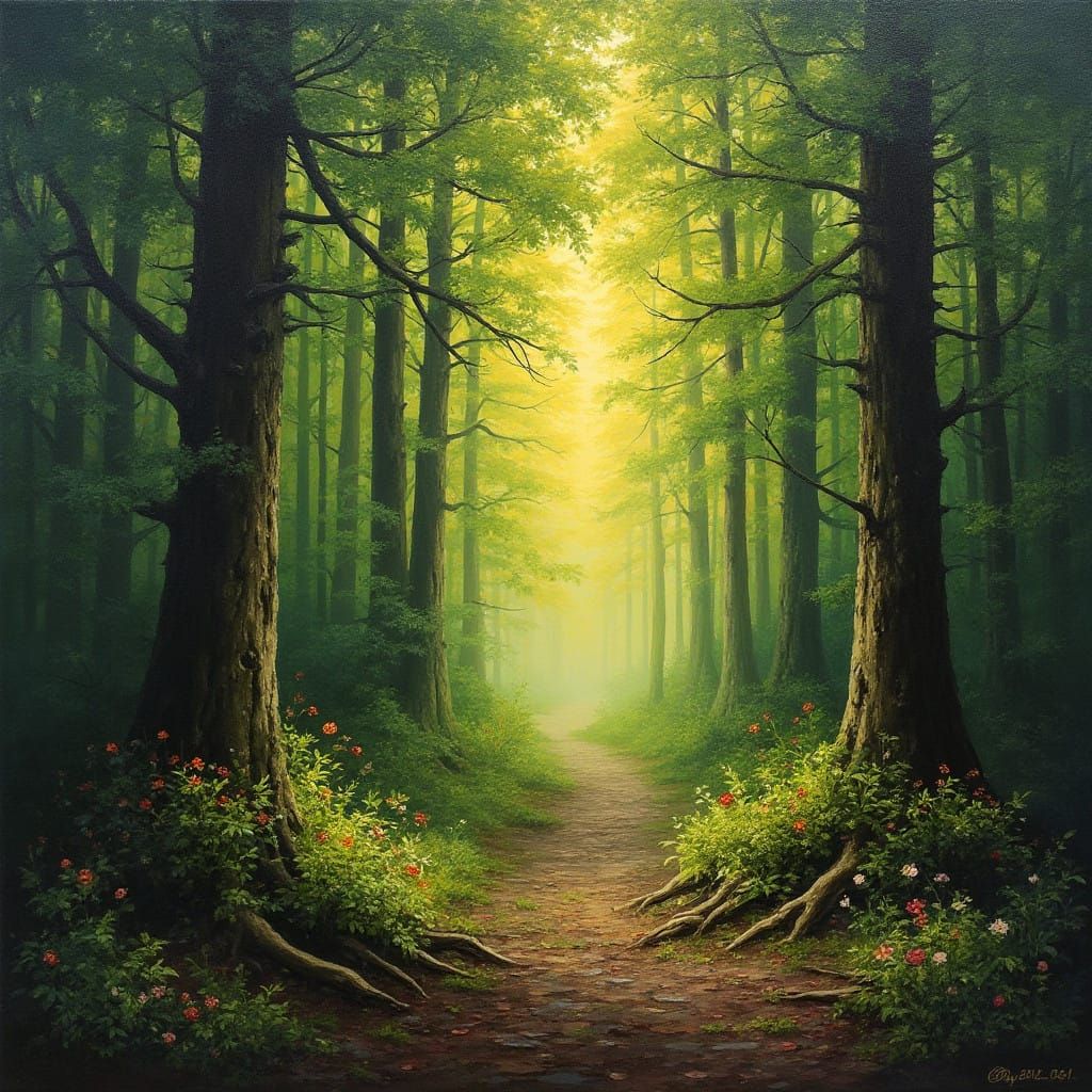 Lush Forest Landscape at Dawn, Vibrant Colors, Serene