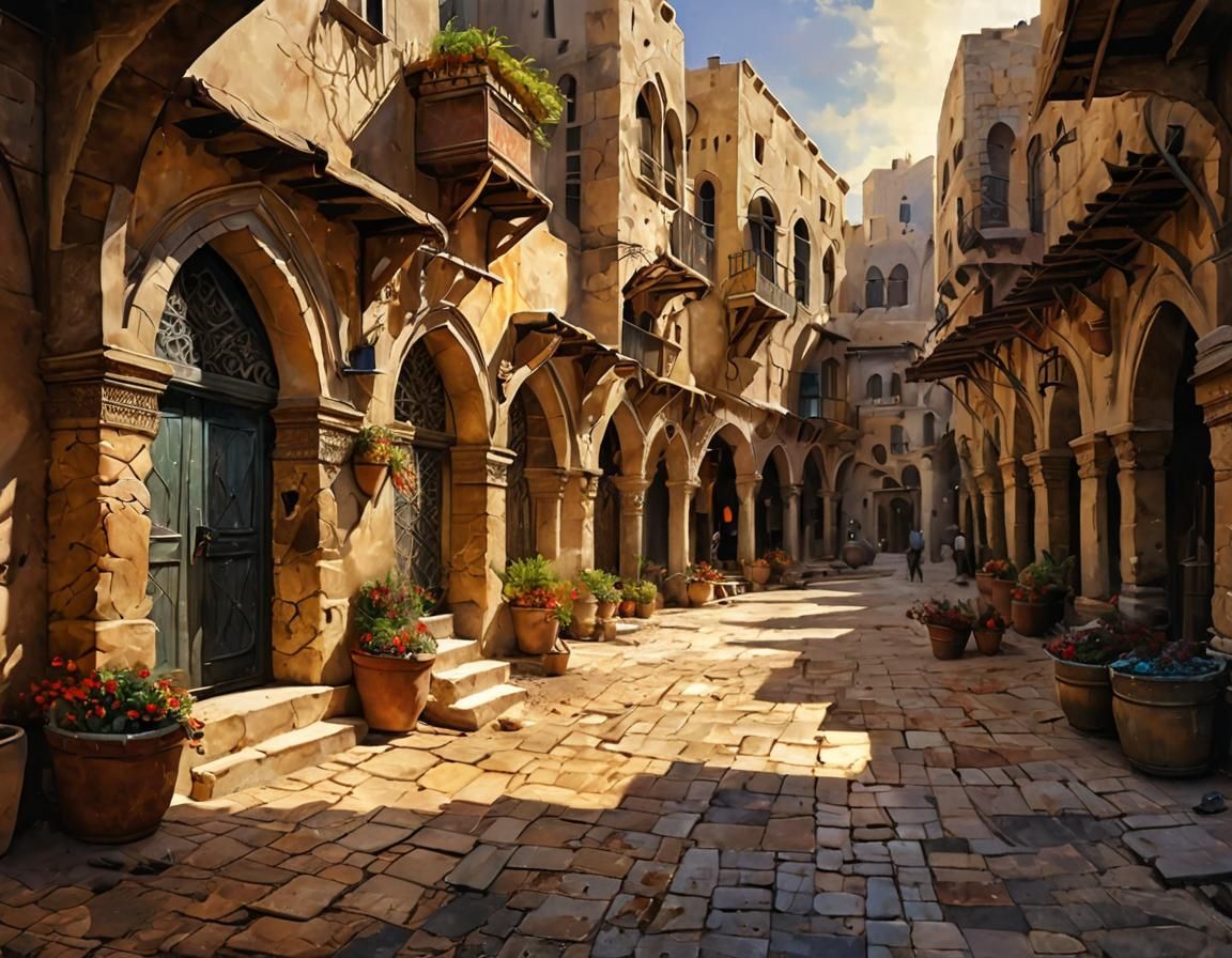 Medieval Arabic Market Square: Acrylic Painting