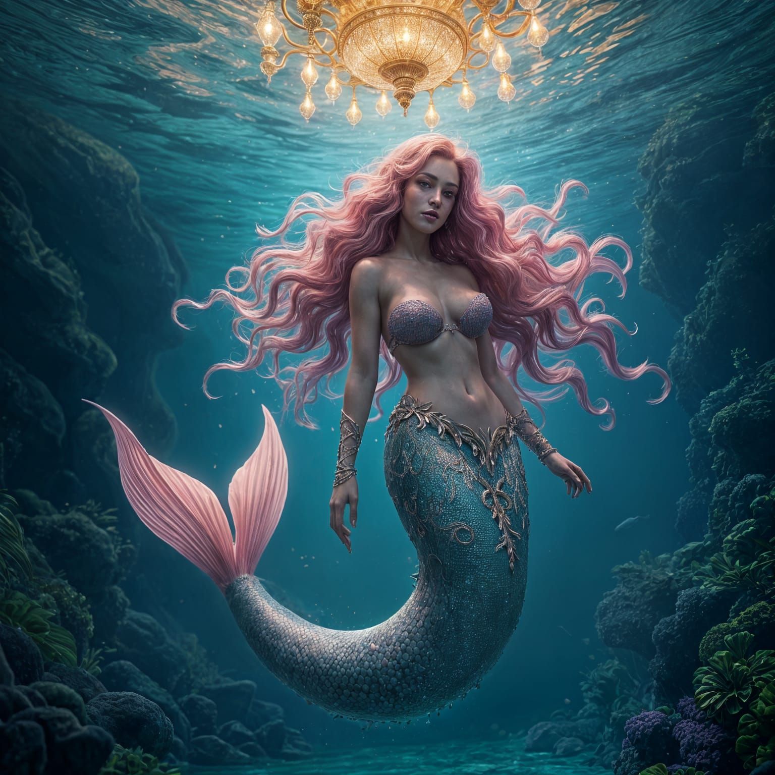 Fuschia-Haired Mermaid Under Chandelier, Oil Painting