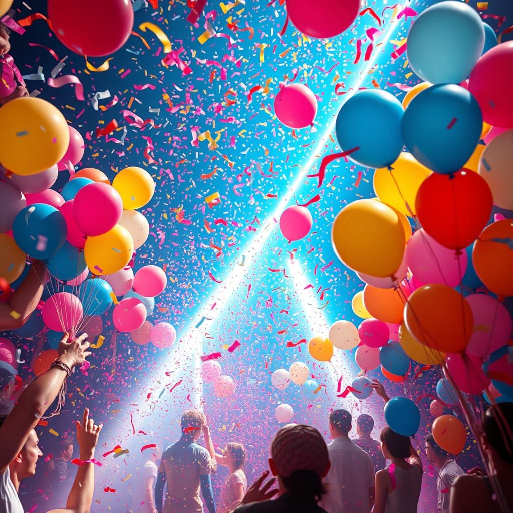 Ecstatic Celebration with Confetti and Balloons