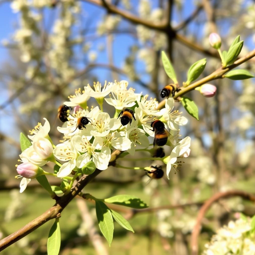 Willow in Bloom with Busy Bees on a Spring Morning