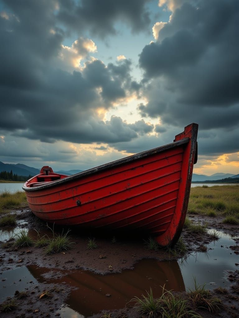 A Faded Red Row Boat, a Stormy River Landscape