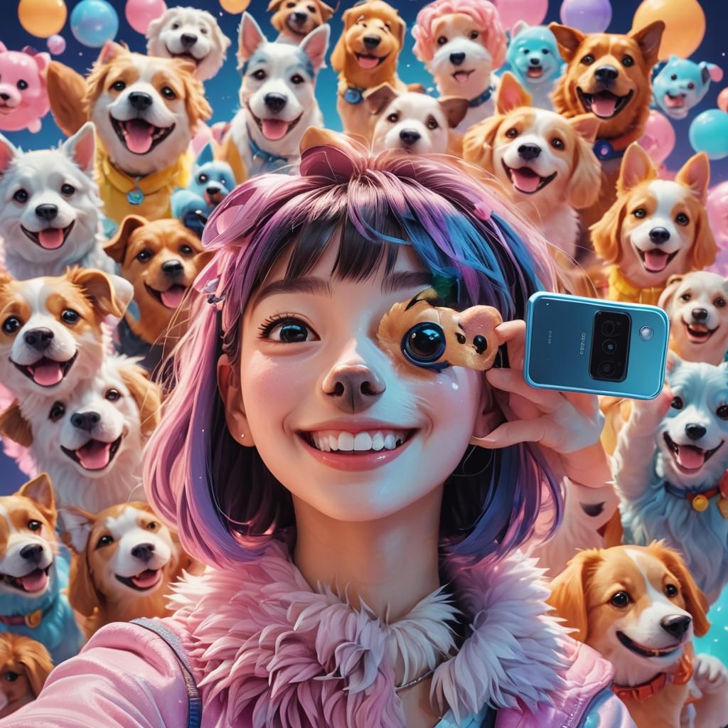 Anime Selfie with Dog in Japanese Pop Art Style