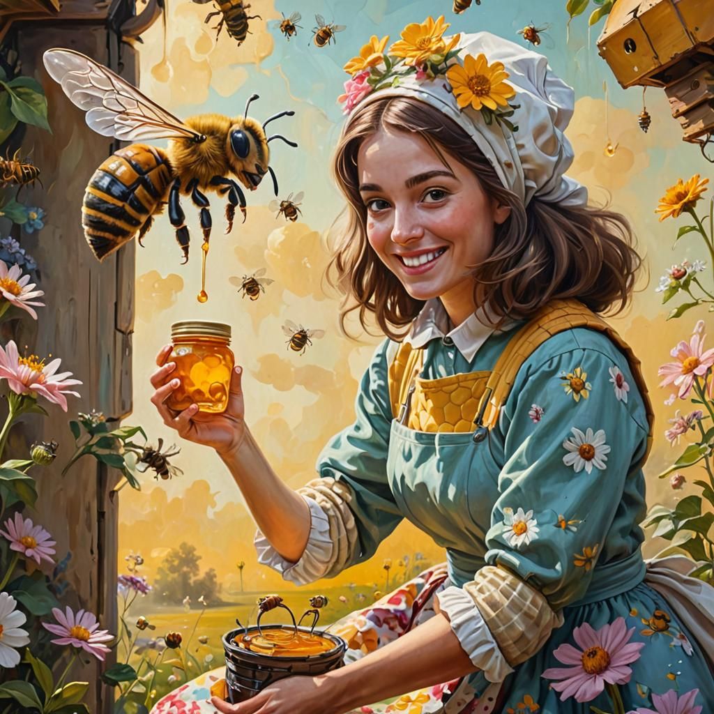 Comical Beekeeper and Bee in Oil Painting Style