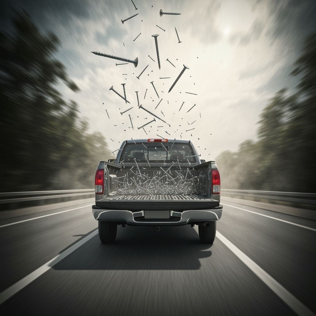 Truck Sheds Nails and Screws on Freeway in Realistic Style