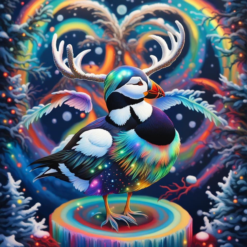 Surreal Puffin with Antlers in Dali Style