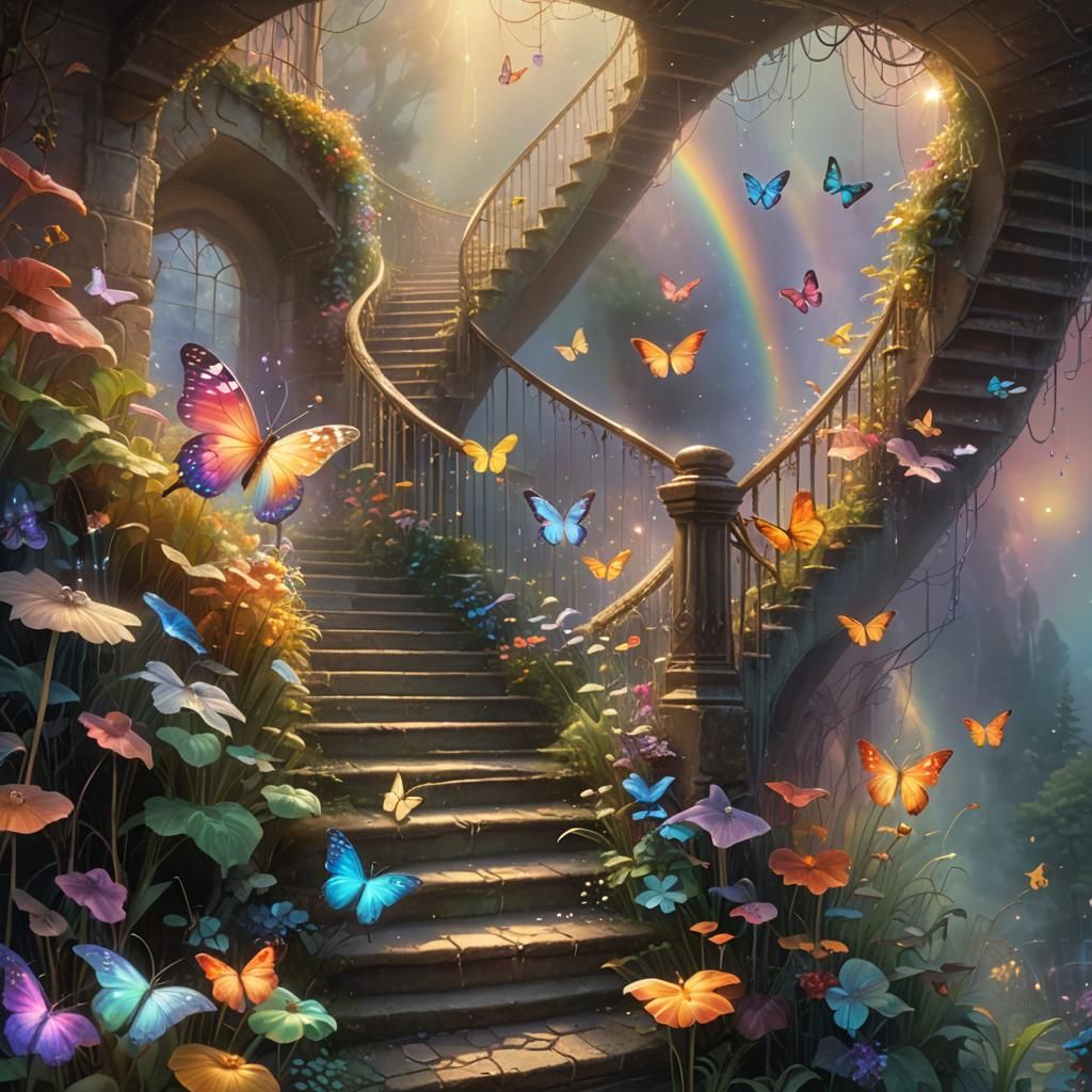 Ethereal Stairway with Rainbow Energy in Magical Realism