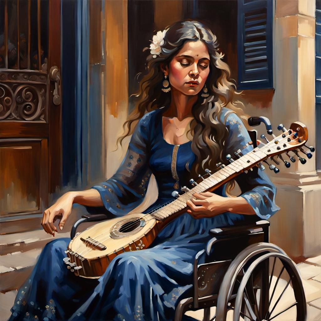 Woman Playing Sitar in Wheelchair: Oil Painting