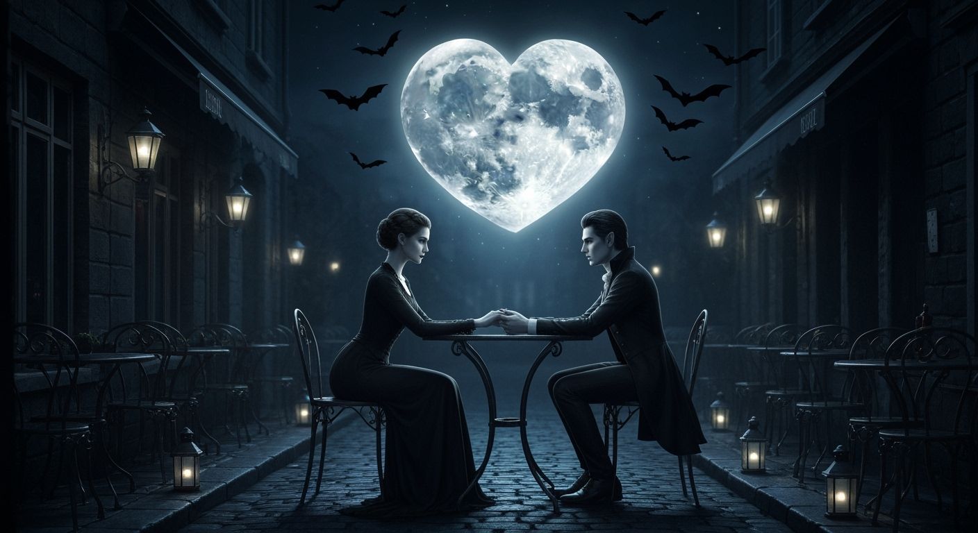 Gothic Vampires Share Romantic Moment at Moonlit Cafe