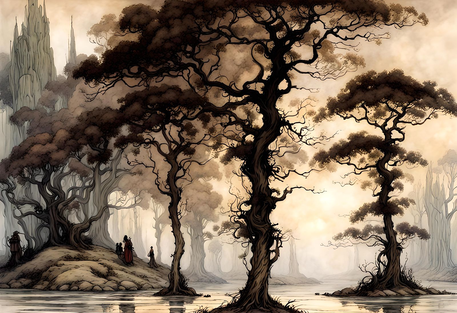 Beautiful fantasy landscape, by arthur rackham