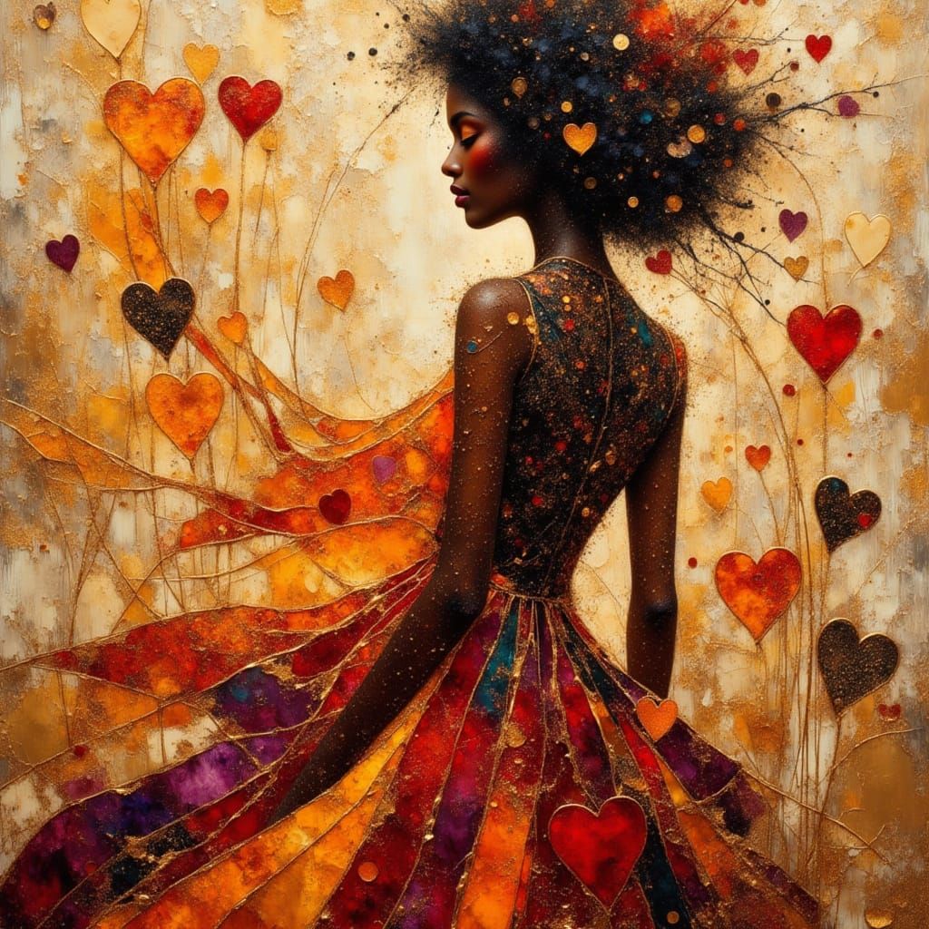 African Princess Silhouette with Hearts, Impasto Style