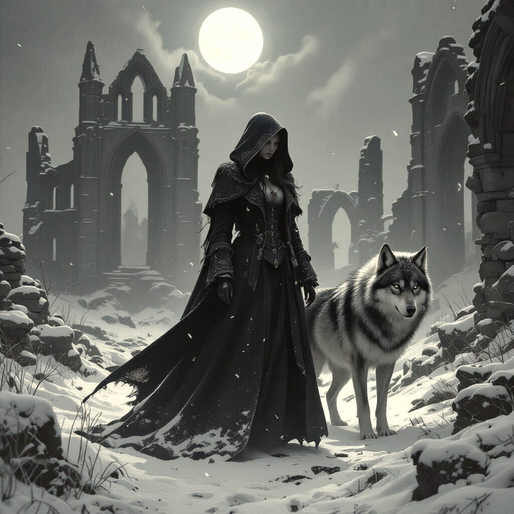 Gothic Lady and Wolf at Whitby Abbey in Winter