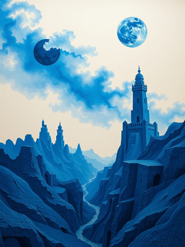 Surrealistic Geomorphism in Azure Blue and Cream