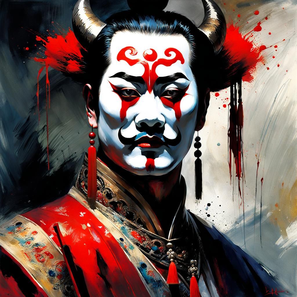 Sinister Chinese Opera Demon Portrait in Speed Painting Styl...