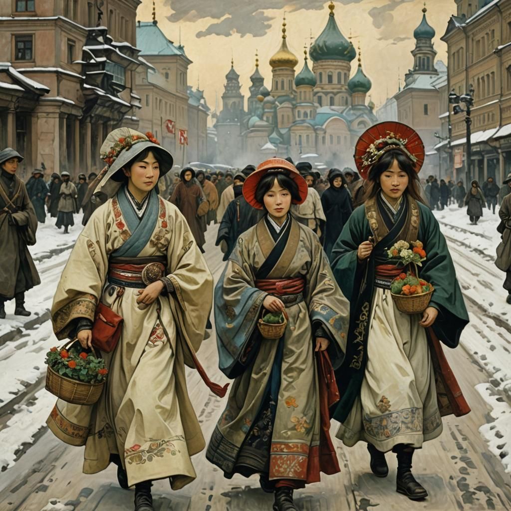 Japanese Women Strolling in Moscow: Fantasy Painting