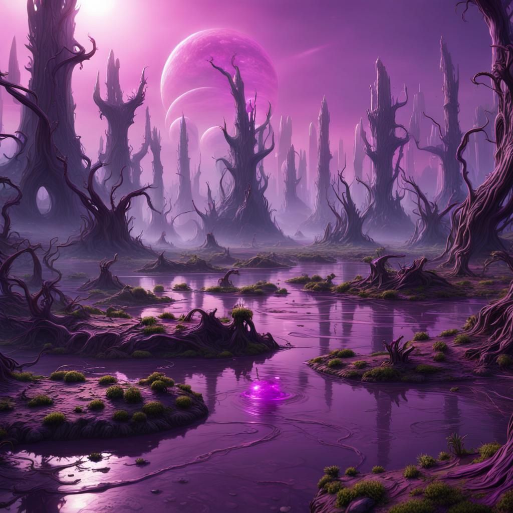 Alien Swamp Planet with Purple Rings