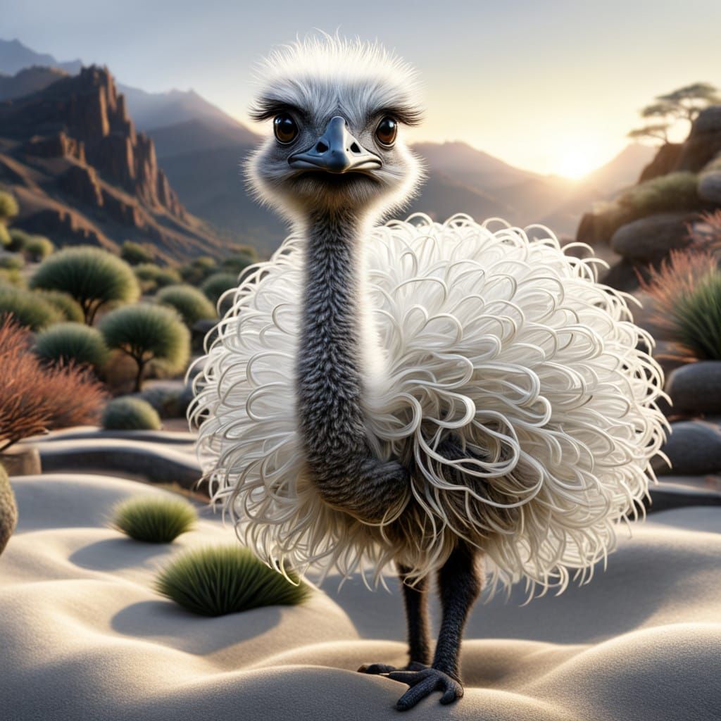 Whimsical Baby Emu in Zen Garden