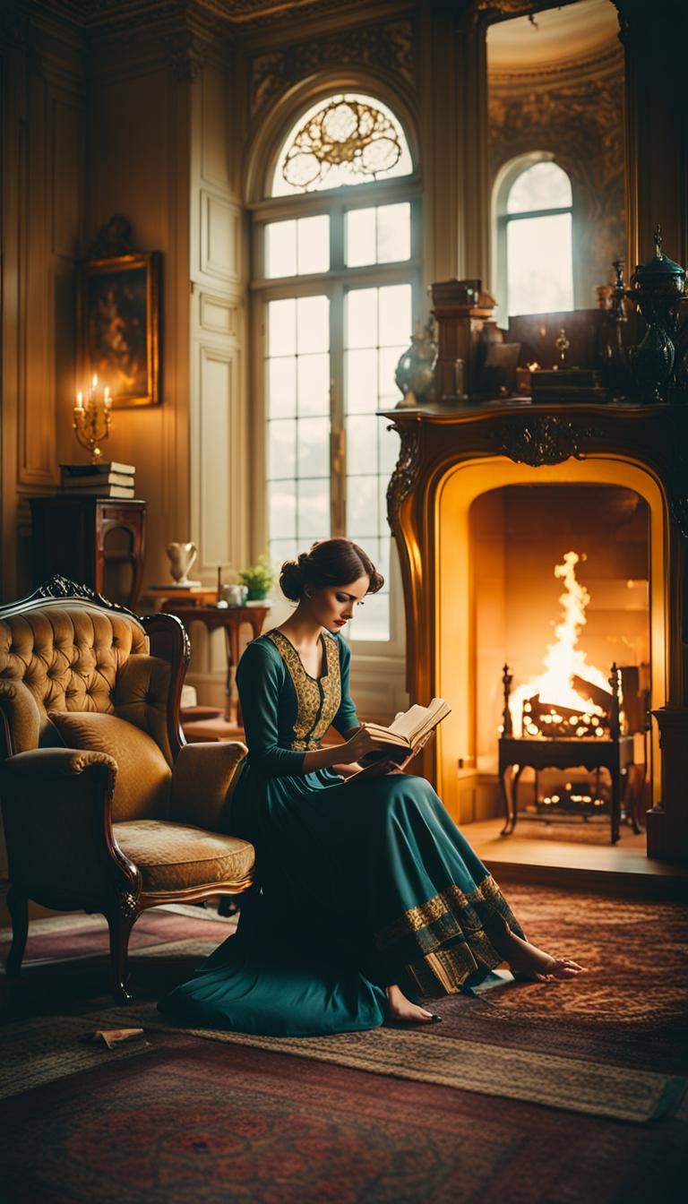Woman Reading by Fire in Rococo Living Room