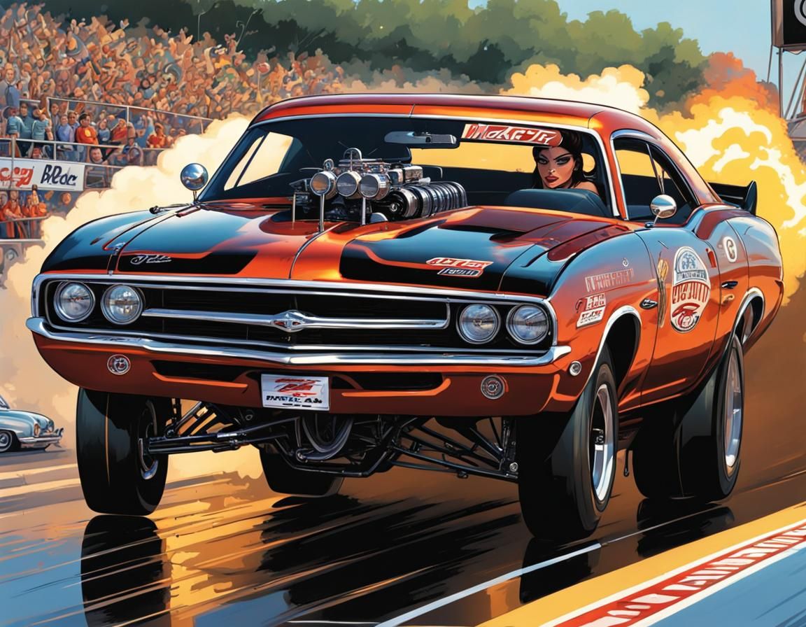 Comic Book Art of a Race Car Driven by a Woman