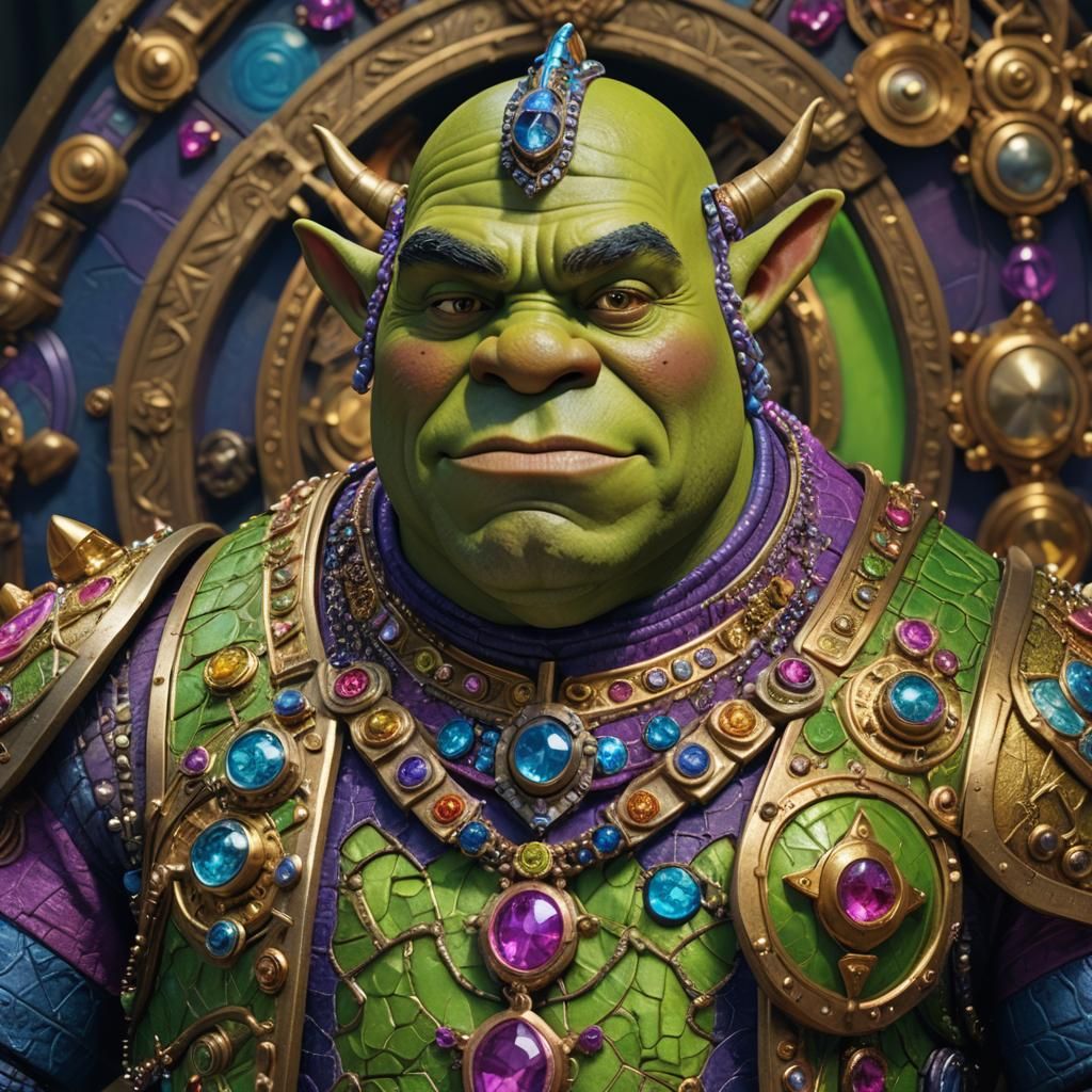 Hyperrealistic Portrait of Shrek with Vibrant Futuristic Det...