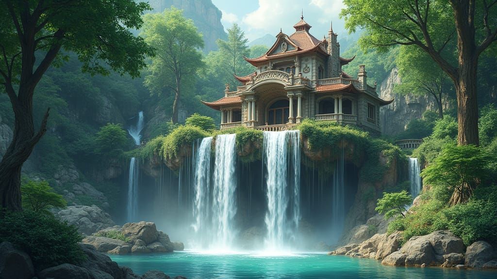 Waterfall Cascades Through Elegant House, Dreamlike Scene