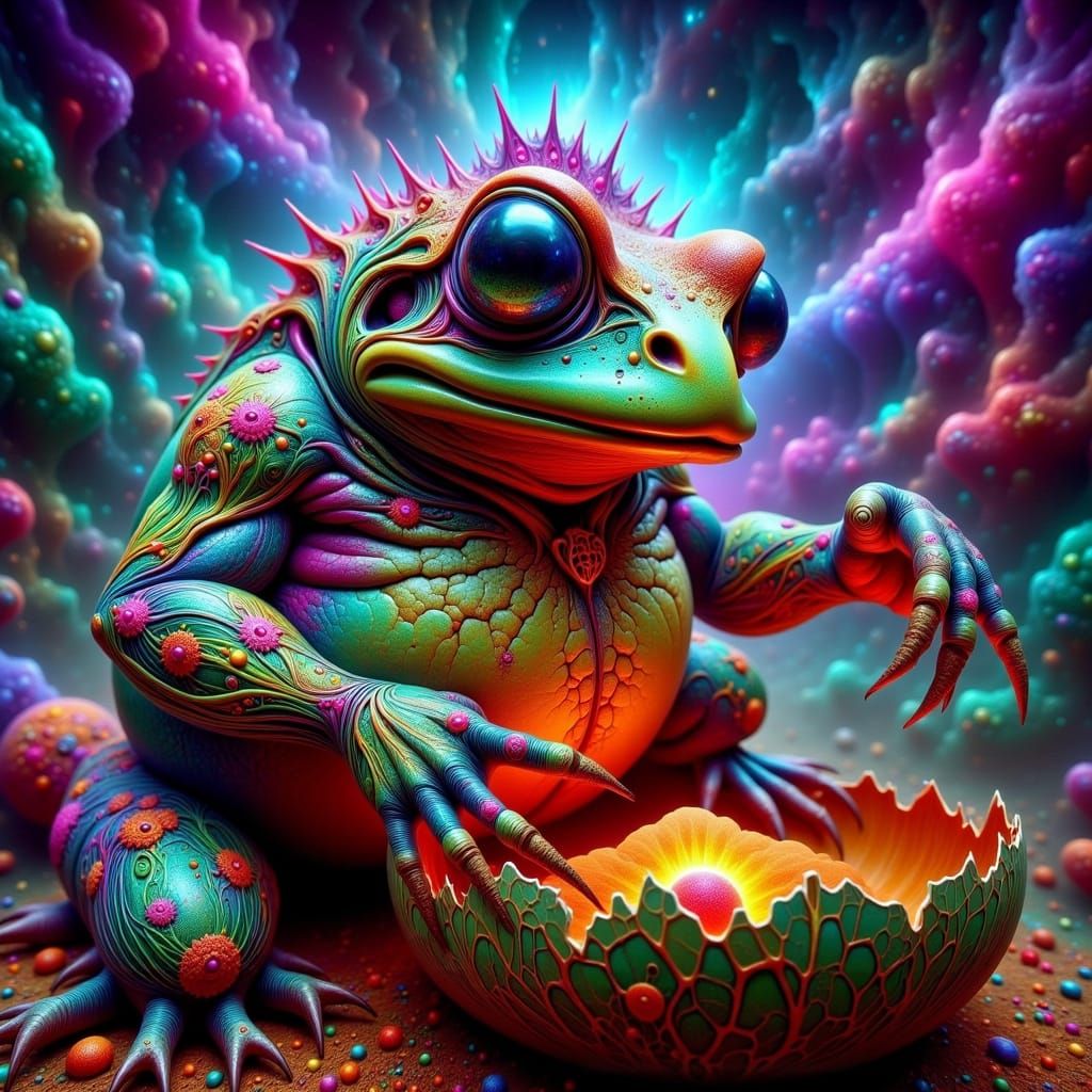 Muscular Iridescent Frog with Rainbow and Gold Jewelry