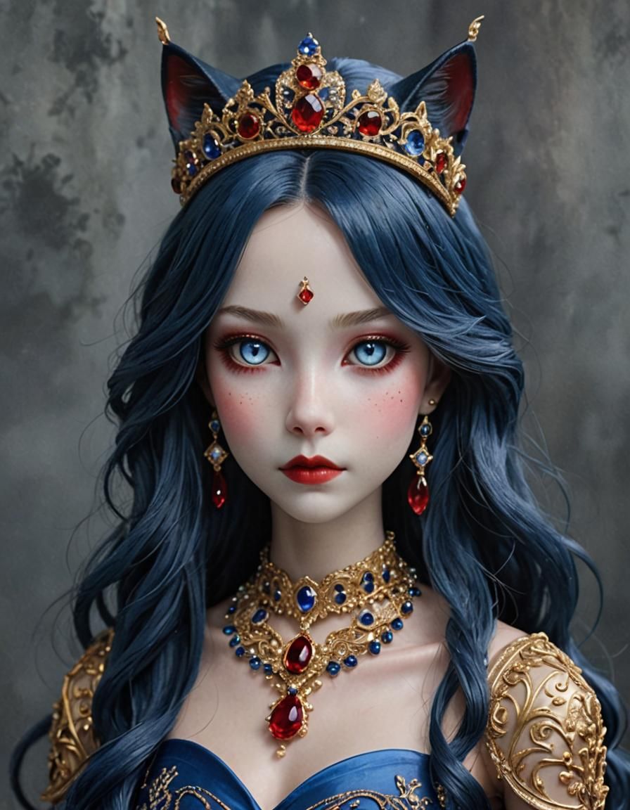 Elegant Cat-like Woman in Gown with Tiara