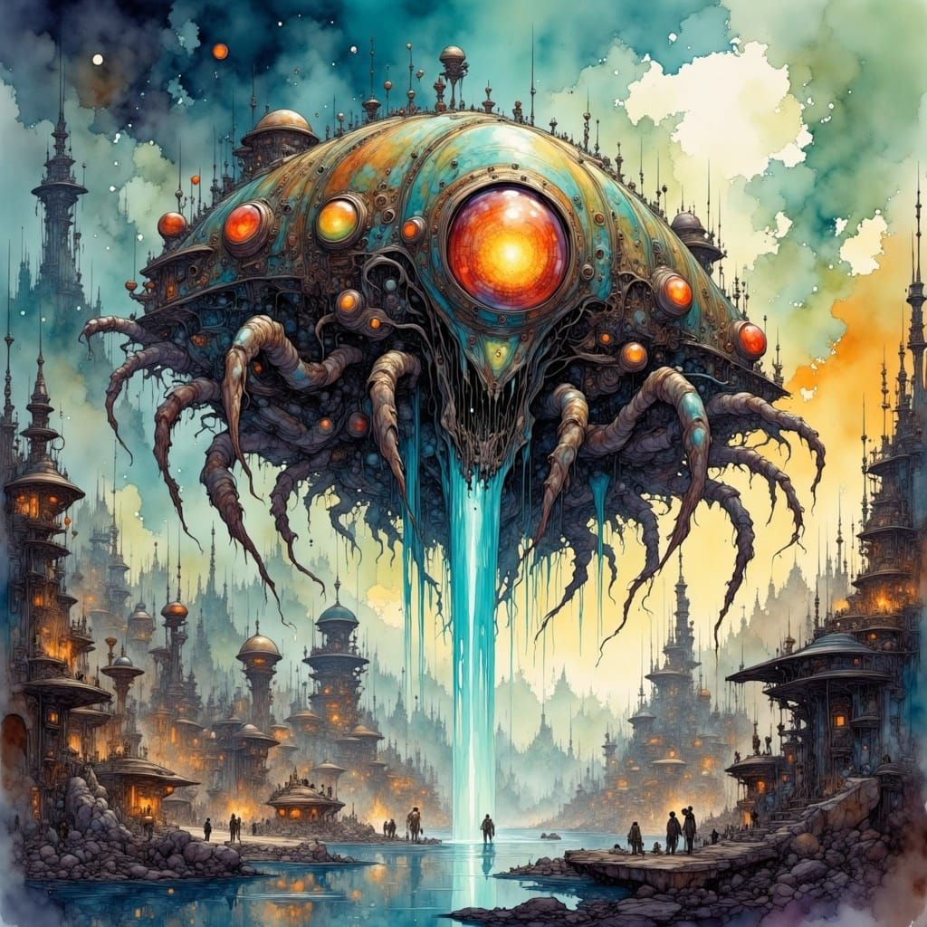 A Mudbugger spaceship (Partly organic construction) hovers over the intergalactic town.