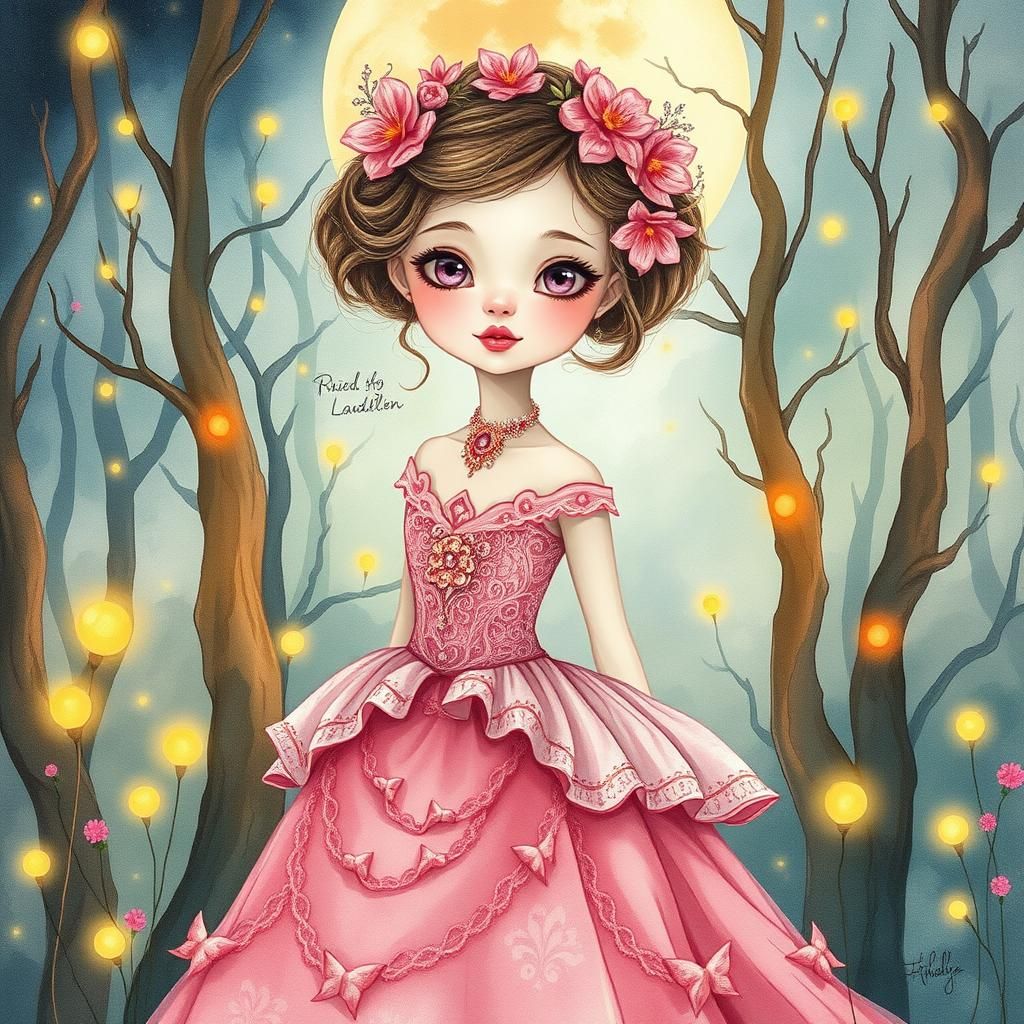Girl in Pink Gown in Moonlit Forest