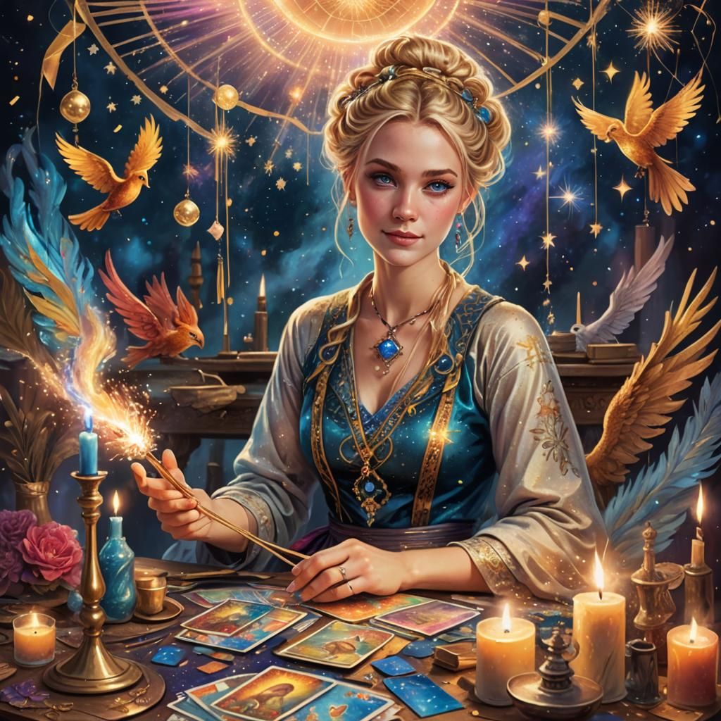 Blonde Tarot Reader in Hyper-Realistic Fantasy Illustration