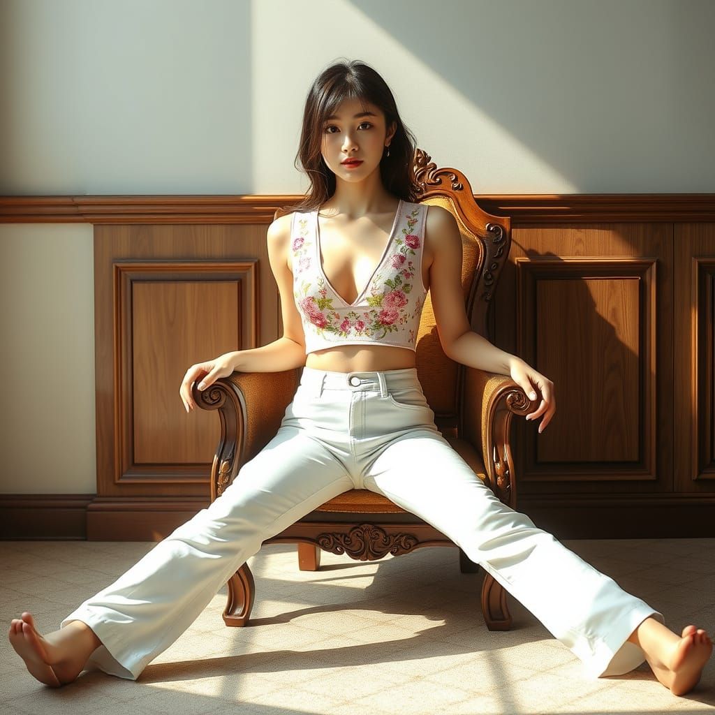 Adorable Japanese Woman in Pastel Crop Top on Ornate Chair