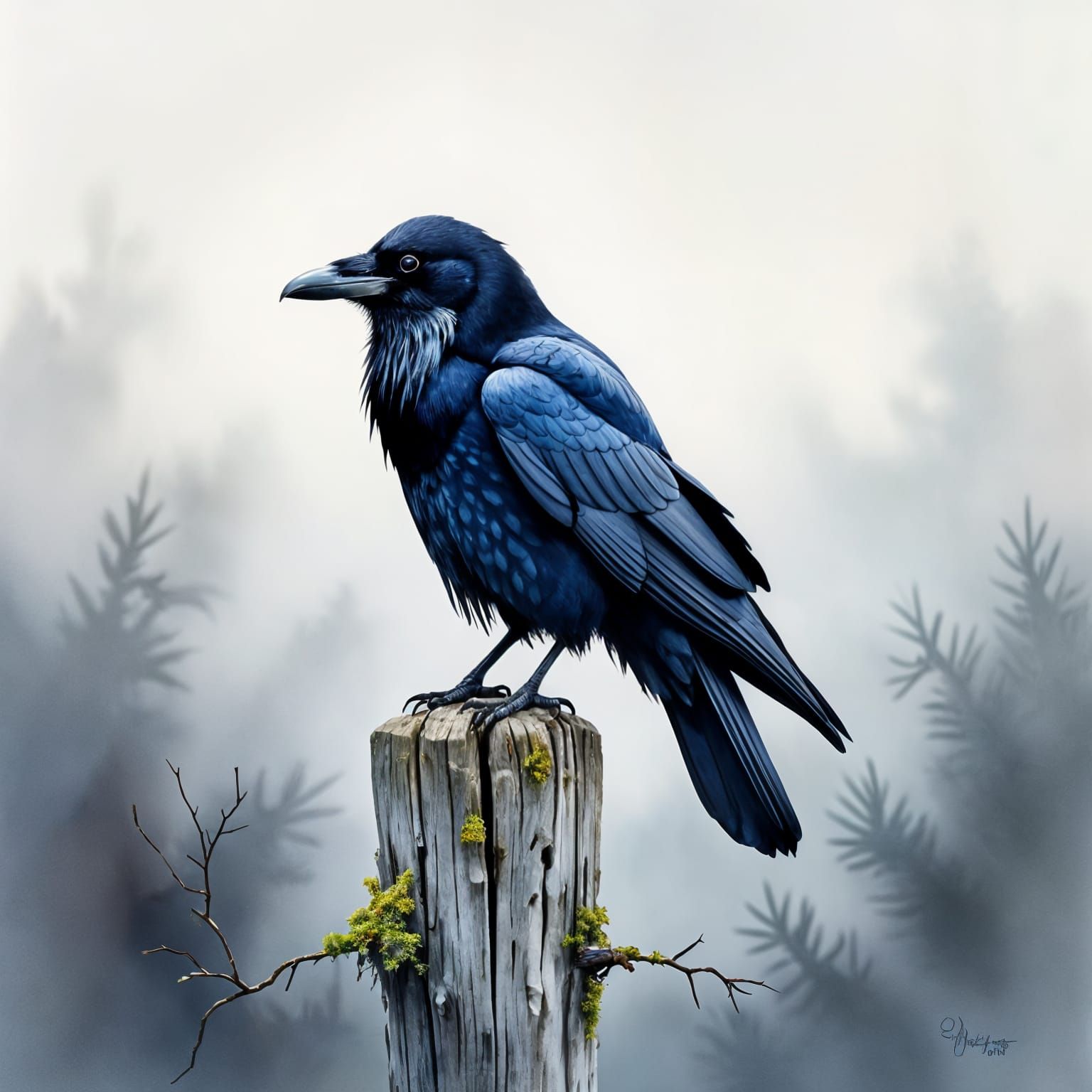Solitary Raven on Post Watercolor Painting