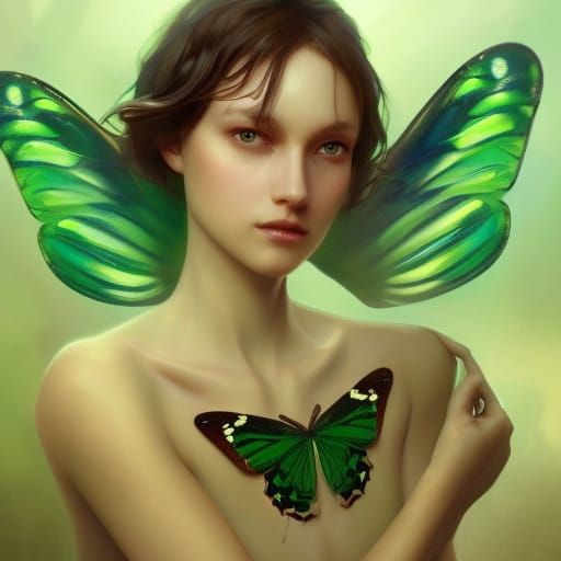 Emerald Butterfly Girl Portrait in Art Nouveau Style