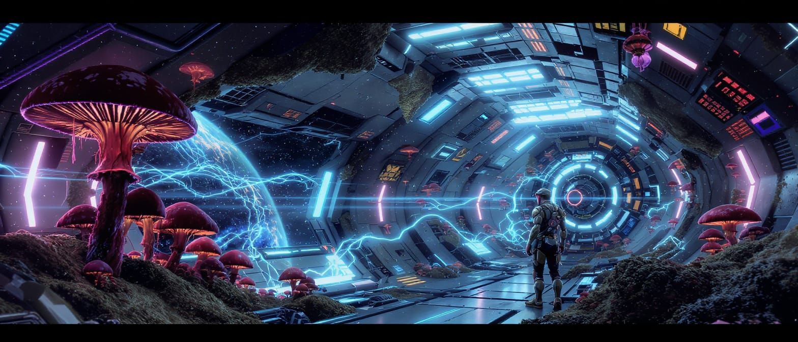 Cyberpunk Spaceship Interior with Radioactive Mushrooms
