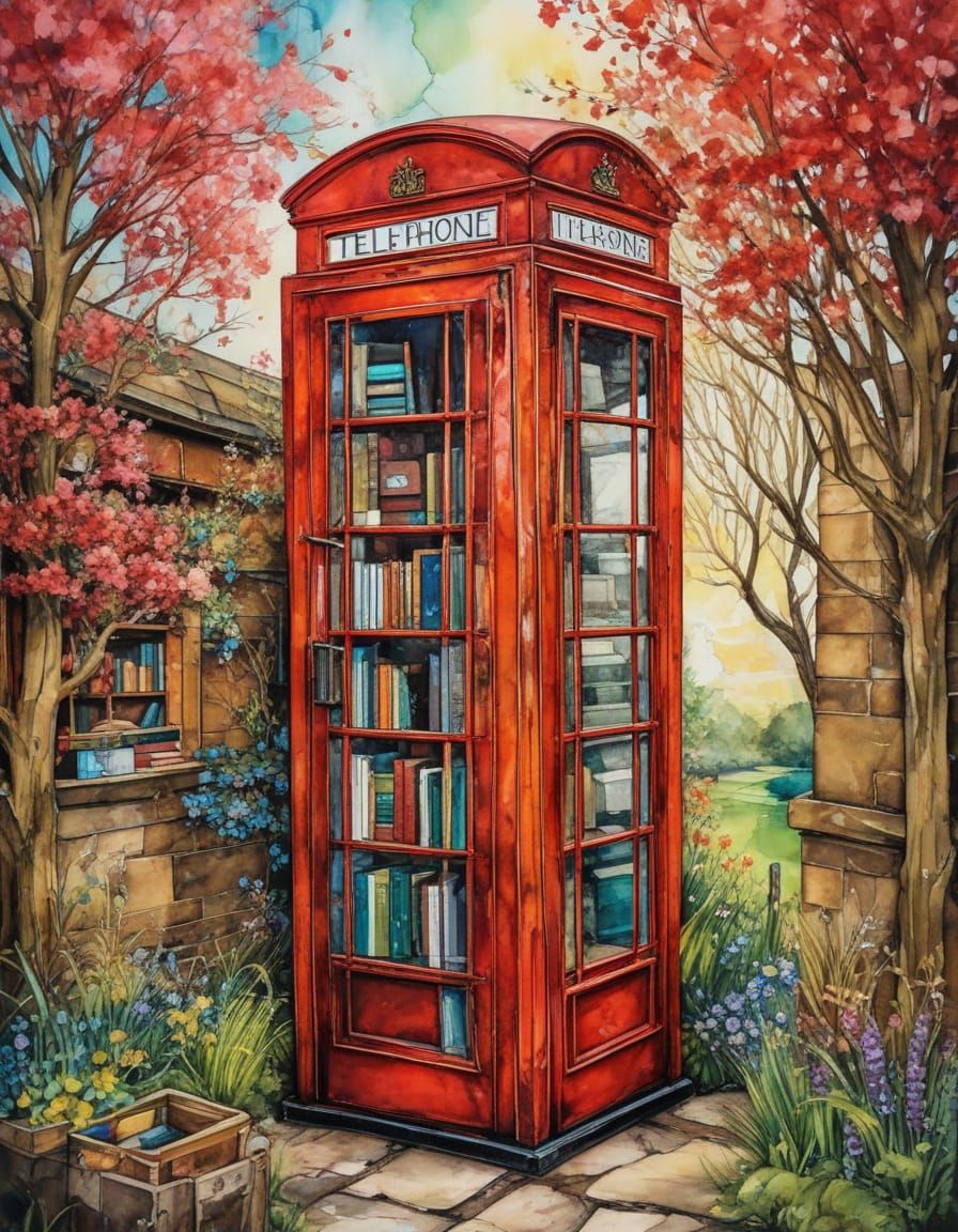 Stylized Cubist Telephone Box Library in Spring Colors