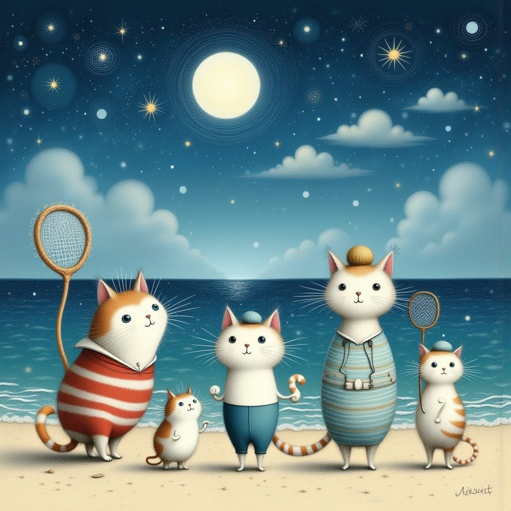 Cats Watch Meteor Shower in Watercolor Illustration