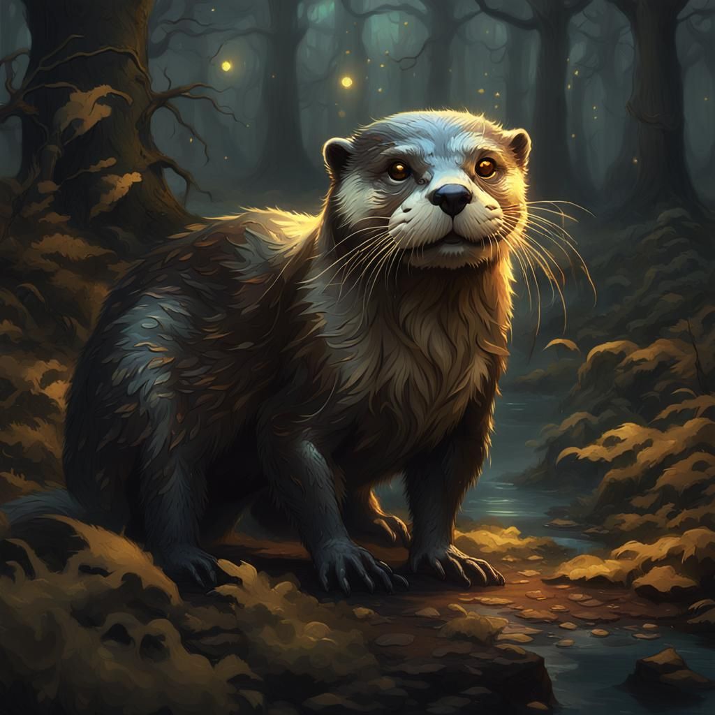 Eerie Otter with Glowing Eyes in Dark Fantasy Style