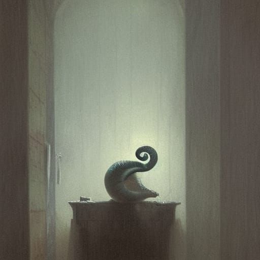 Horror Snail in Abandoned Motel, Engraving Style