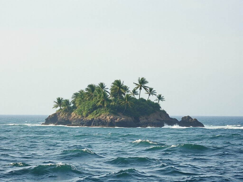 Wind-Swept Desert Island Oasis with Dramatic Ocean Waves