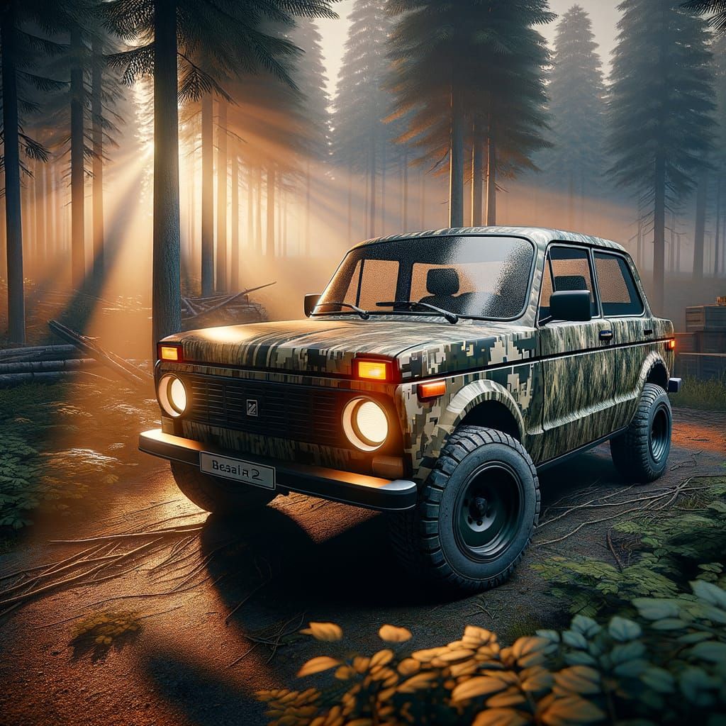 Camouflaged Lada Niva in a Sunset Pine Forest Landscape
