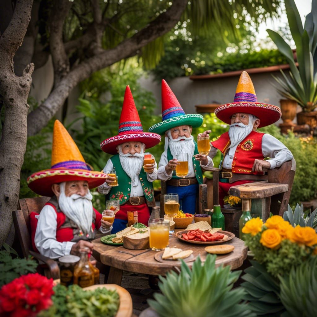 Gnome Family Fiesta in a Mexican Garden