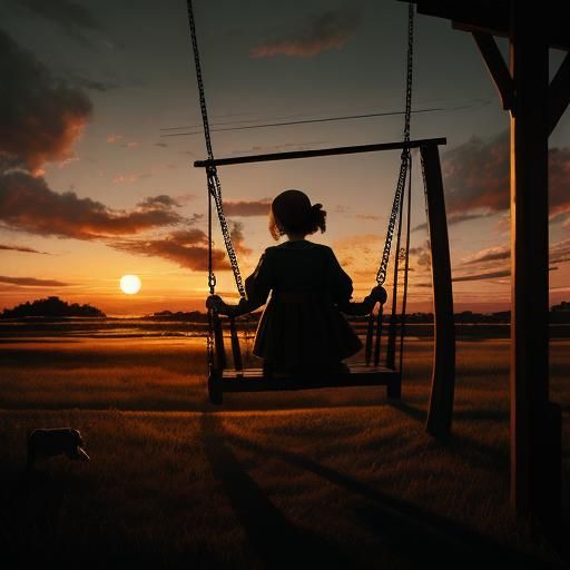 Girl and Dog on Swing at Sunrise