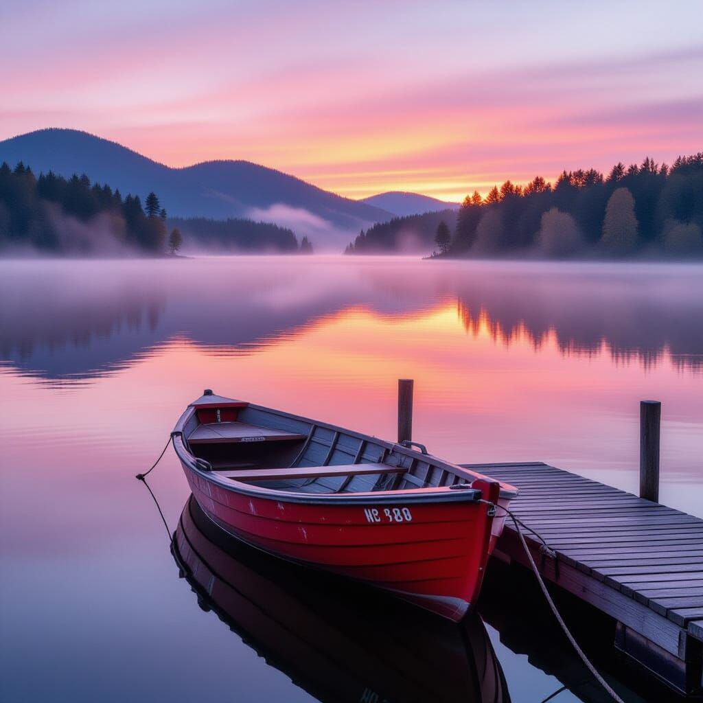 Serene Dawn Mist Over Fishing Boat on Still Lake