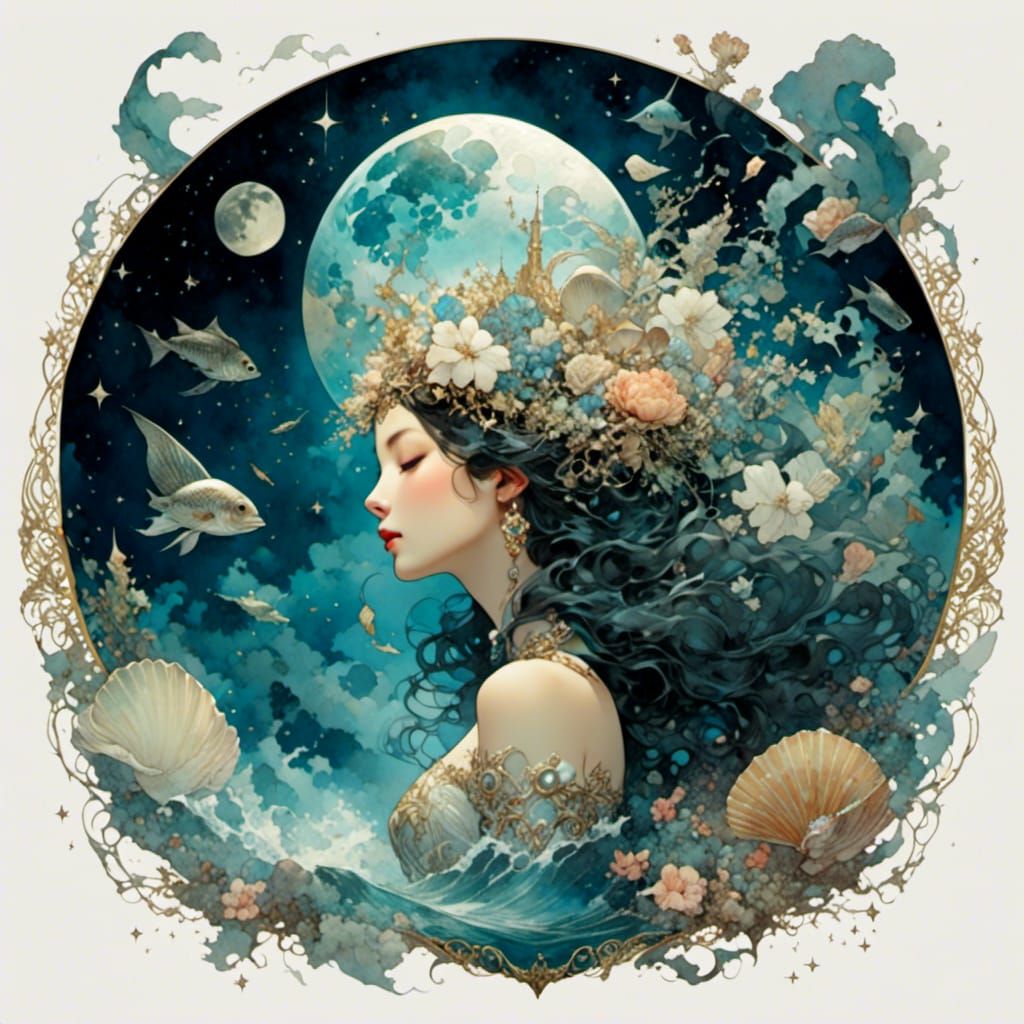 Mystical Oracle Flower on Neptune in Watercolor Style