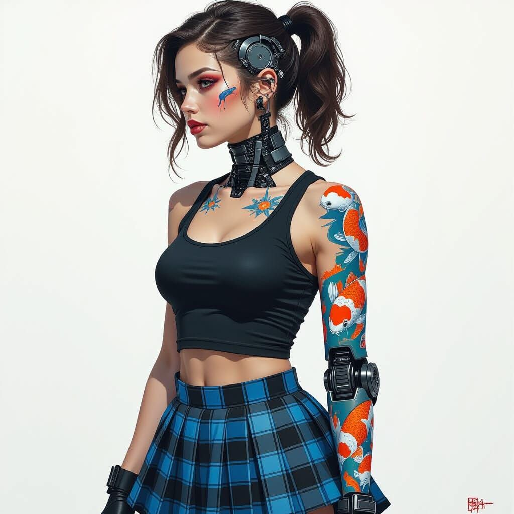 Cyborg Woman Oil Painting with Koi Tattoos in Limited Colors