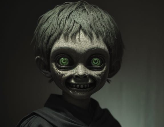 Disturbing Child Boy with Grotesque Smile in Gloomy Room